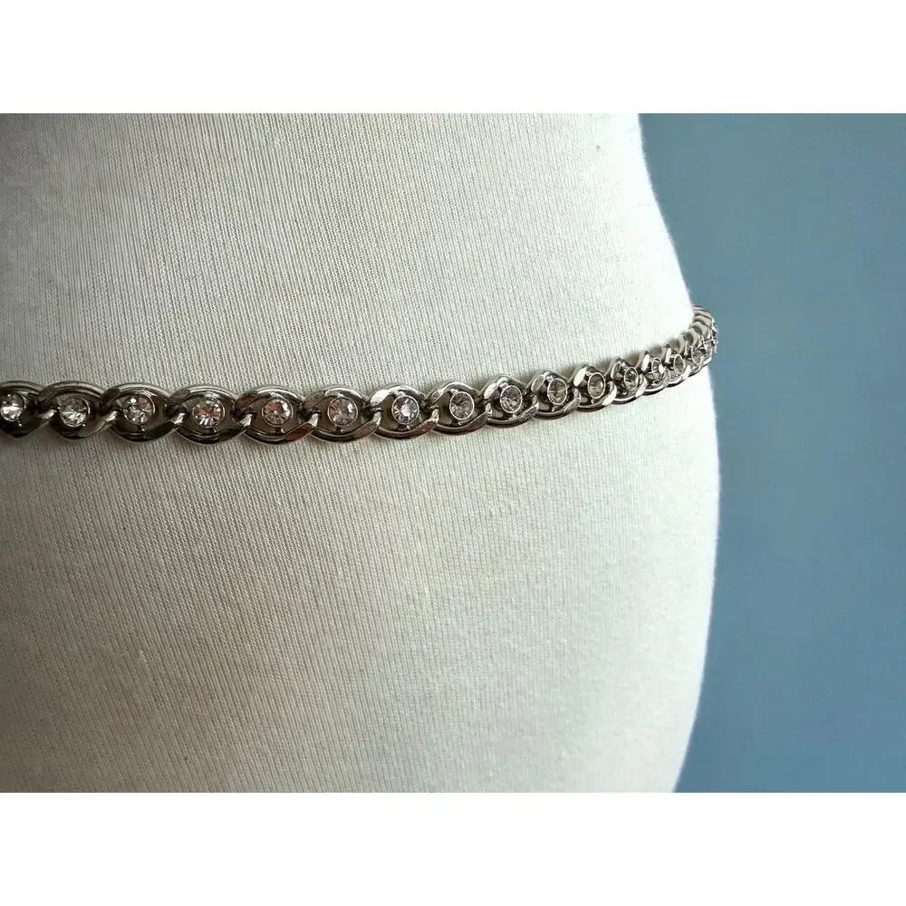 Silver Chain Belt w/Diamond Rhinestone Accents sz XS/S